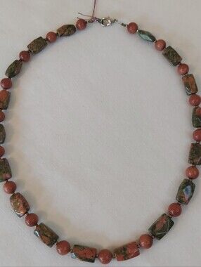 Unakite Stone and Red Jasper Look Beaded Necklace -Silvertone Lobster Claw Close